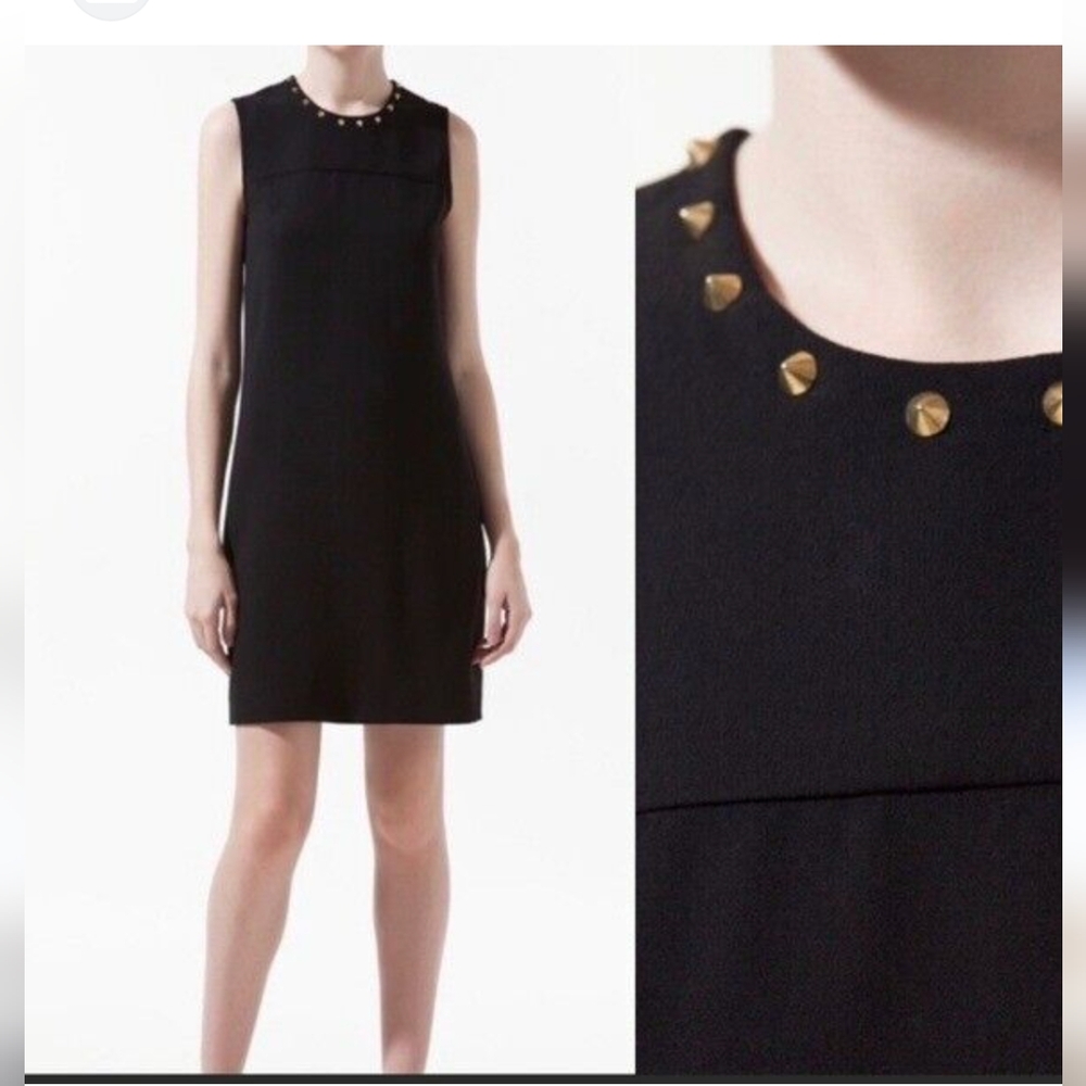 Zara Black studded spikes collar shift Button Down dress Size S Sleevele…
